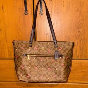 Coach Brown Tote with Pink Floral Accents
